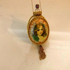 Antique Handmade German Victorian Girl/Flowers/Rhinestone Real Egg Ornament